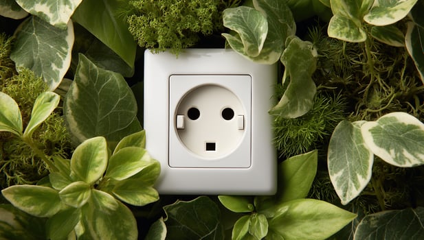 A white electrical outlet surrounded by green leaves of various plants photo