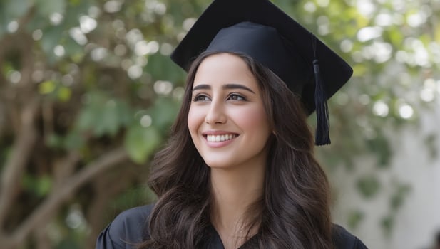 A young woman with dark hair and a graduation cap smiles optimistically outside photo