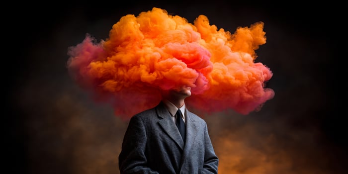 Abstract person with smoke for a head, wearing suit on dark smoky background photo