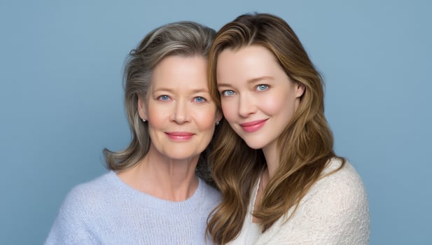 A youthful lady smiles with her mother, showing timeless beauty and loving bond photo