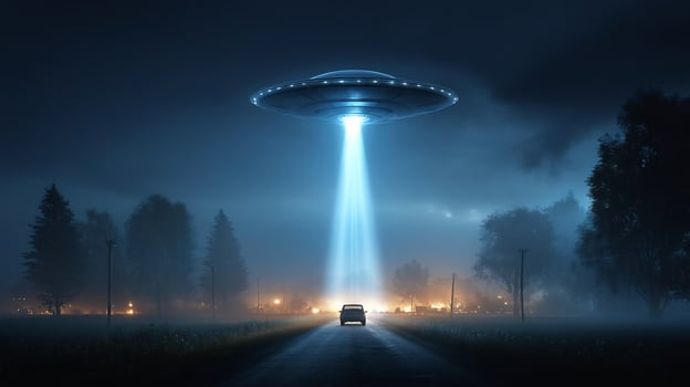 An illuminated UFO hovers over a car on a lonely, foggy road at nighttime photo