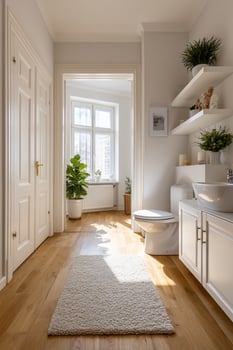 Bright bathroom featuring modern white fixtures, wood floors, and natural light photo