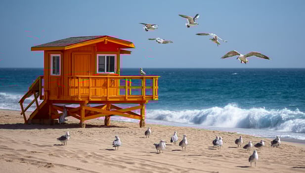 Bright lifeguard tower on a sandy beach with seagulls flying above and on the shore photo