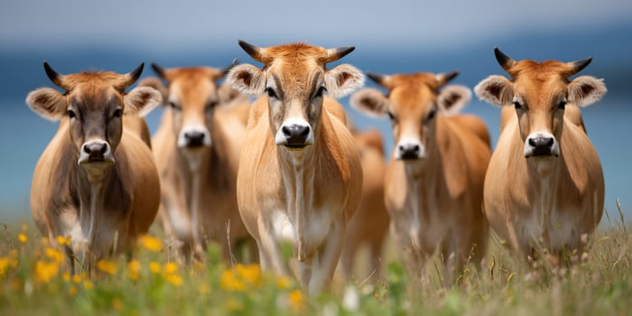 Brown cows standing in grassy field, with horns, flowers, and lake in background photo