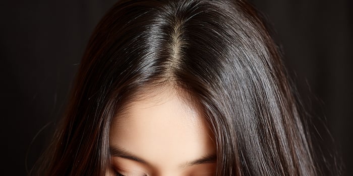 Close up of a woman's face, focused on dark hair part and a dark background photo