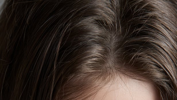 A woman with long brown hair is looking at her phone photo