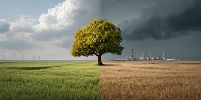Contrast image shows healthy field next to barren one, tree bridging the divide photo