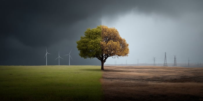 Dichotomy Green field versus arid landscape with a tree, turbines, and powerlines photo