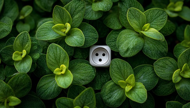 Electric outlet surrounded by lush, vivid green leaves in a garden environment photo
