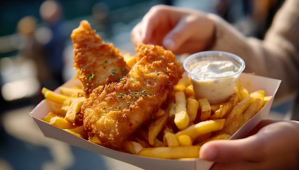 Fish and chips in hand, golden fried perfection with sauce, parsley garnish photo