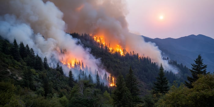 Forest fire engulfs hillside, with thick smoke and evening sunlight in background photo
