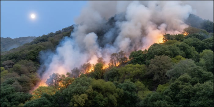 Forest fire burns hot, smoke billows into sky, moon watches from twilight photo