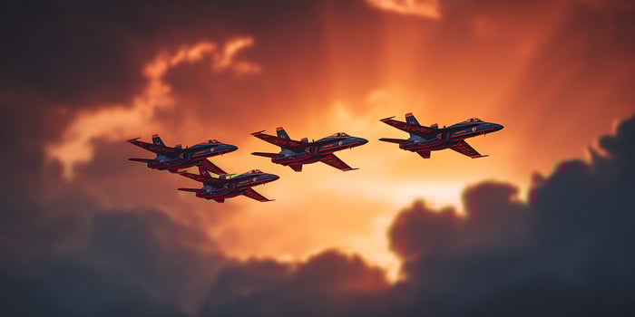 Four jets fly in formation against an orange and gray sky at dusk or dawn photo