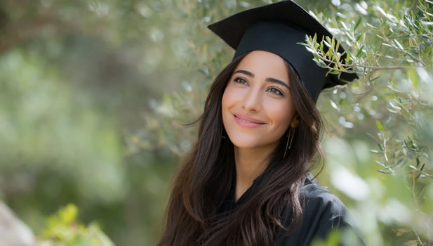 Graduating woman smiles in a cap and gown amidst greenery on a sunny day photo