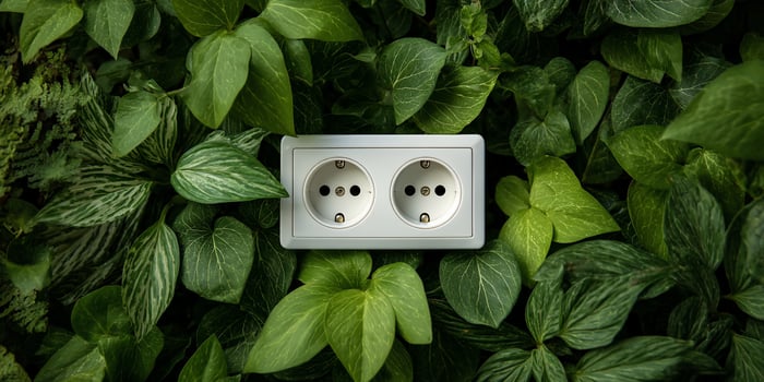 An electrical outlet surrounded by green plants photo