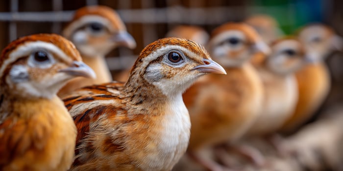 Group of small, brown birds lined up, closely packed together, facing right photo