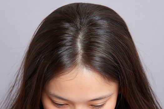 Head view of a woman's dark brown, healthy hair with soft, natural highlights photo