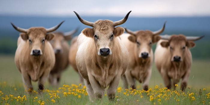 Herd of cream-colored horned cattle moving through a field of yellow flowers photo