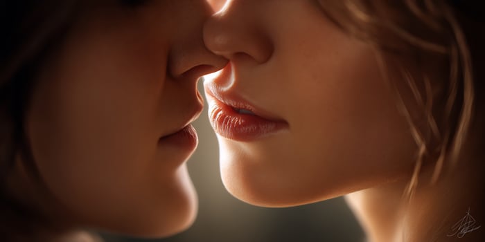 Two women kissing each other with their lips touching photo