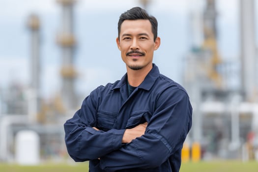 Person in blue coveralls, smiling. Plant structures are blurred in the background photo