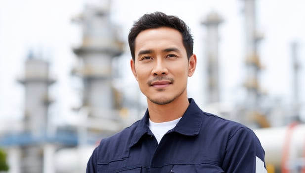 Person stands confidently in front of an industrial complex during the day photo