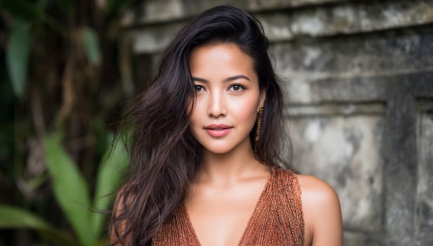 Portrait of an exotic woman with long dark hair and brown clothing on grey wall photo