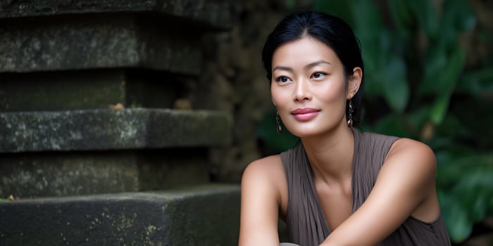 Serene Woman Near Stone Steps photo