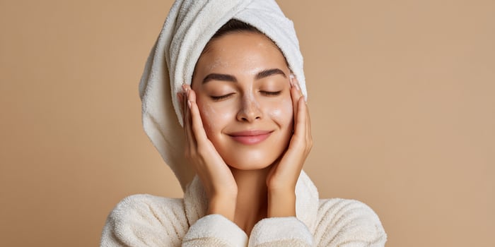 Serene woman with a towel on her head applies cream to her face and smiles photo