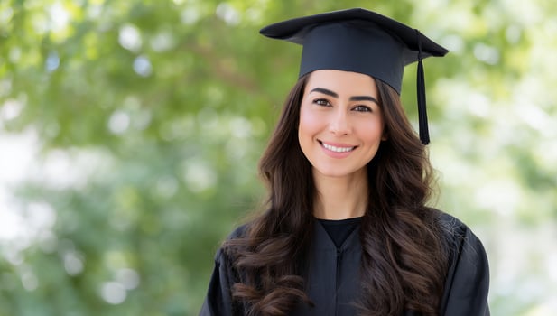 Smiling woman in graduation robe with black cap poses against green blurred foliage photo
