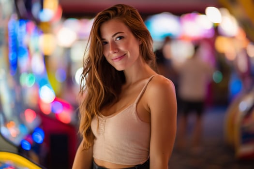 Smiling woman with tan top in an arcade hall with bright neon lights photo