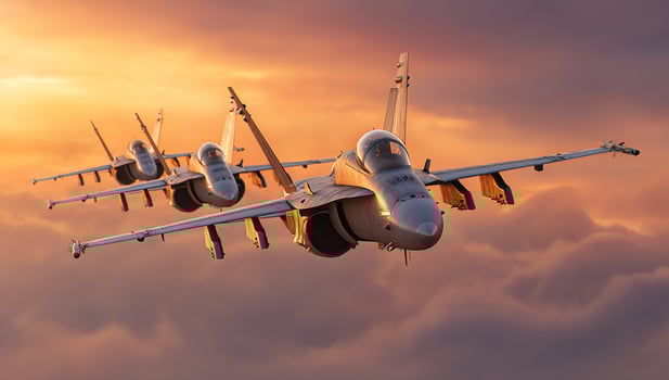 Squad of fighter jets soars through warm sky, sunset illuminates a cloudscape photo