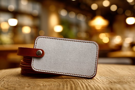 Stack of leather luggage tags with blank slate on wooden surface with lights background photo