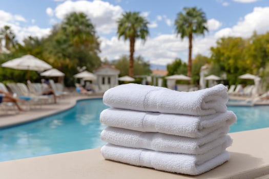 Four white towels stacked on top of a pool photo