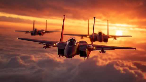 Three fighter jets fly against a fiery sunset sky, with bright clouds below photo