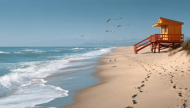 Tranquil beach scene with a yellow lifeguard stand and gentle waves, sunny day photo