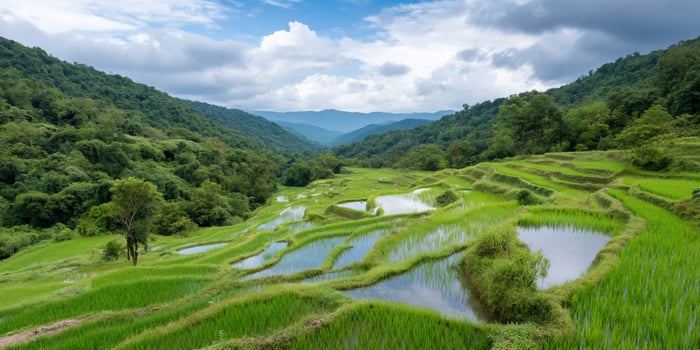 Verdant rice terraces cascade down a lush, mountainous landscape under a cloudy sky photo