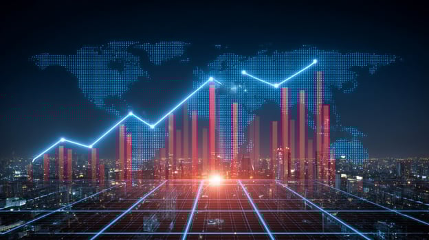 Visual data with rising chart lines over the cityscape with world map background photo