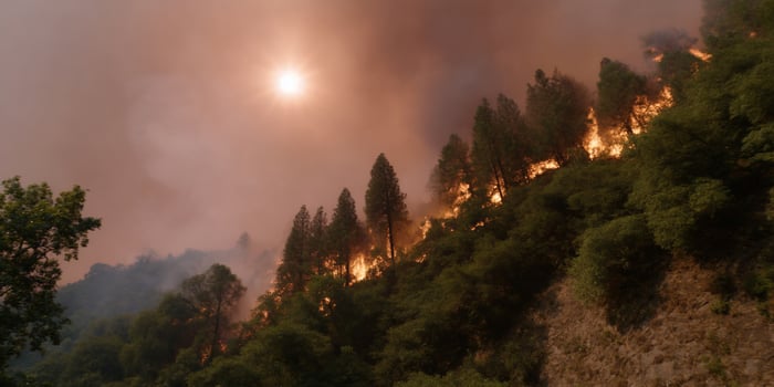 Wildfire Burning A destructive forest fire blazing on a mountain slope, sky smoky photo
