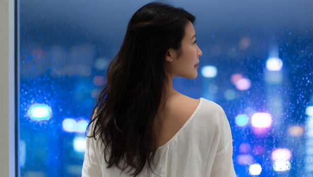 Woman gazes at cityscape, dreamy, glowing city lights, serene evening view photo