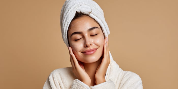 Woman with a towel, spa treatment, gentle touch on her face, eyes closed photo