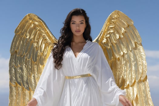 Woman with dark hair and golden wings, white dress, gold belt in bright light photo