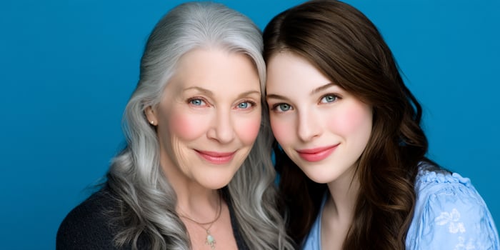 Young and older woman pose together, smiling sweetly against a blue background photo
