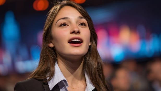 Young woman in a suit, gazing upward with an open mouth, against blurred background photo