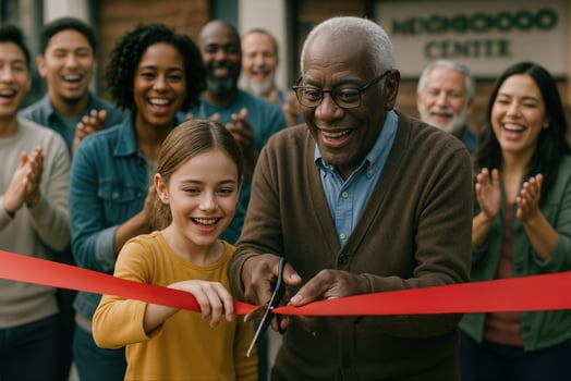 Senior Man Cutting Ribbon with Smiling Girl at Community Center Opening Surrounded by Diverse Crowd Applauding photo