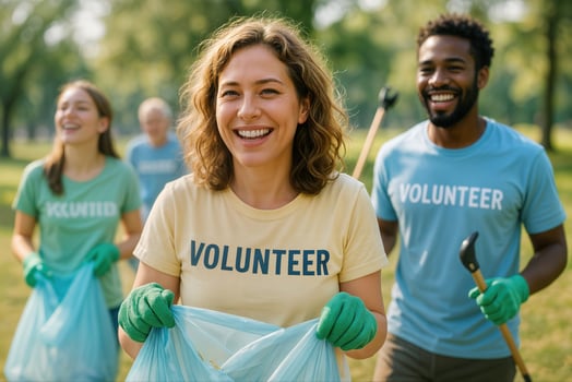 Community Park Cleanup Volunteers Collecting Litter on a Sunny Day with Smiles and Teamwork photo