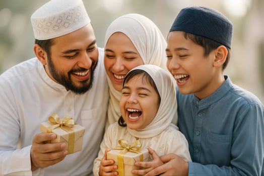 Eid Celebration with Smiling Family Exchanging Gifts Outdoors in Festive Spirit photo