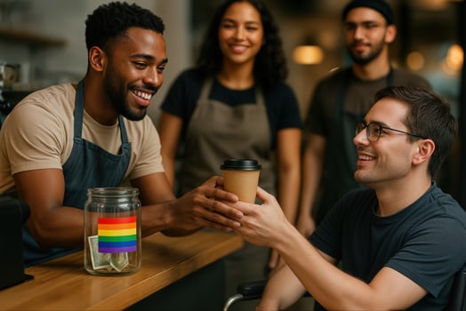 Pride Flag Decorated Tip Jar in Cafe as Barista Smiles and Serves Coffee to Wheelchair User with Friends Nearby photo