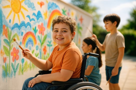 Child in Wheelchair Painting Colorful Mural on Patio with Friends in Summer Afternoon photo