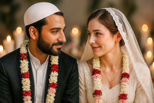 Interfaith Wedding Ceremony with Bride and Groom Wearing Floral Garlands Inside a Decorated Venue photo