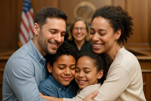 USA Adoption Celebration in Courtroom with Family Hugging and Smiling Parents and Children photo